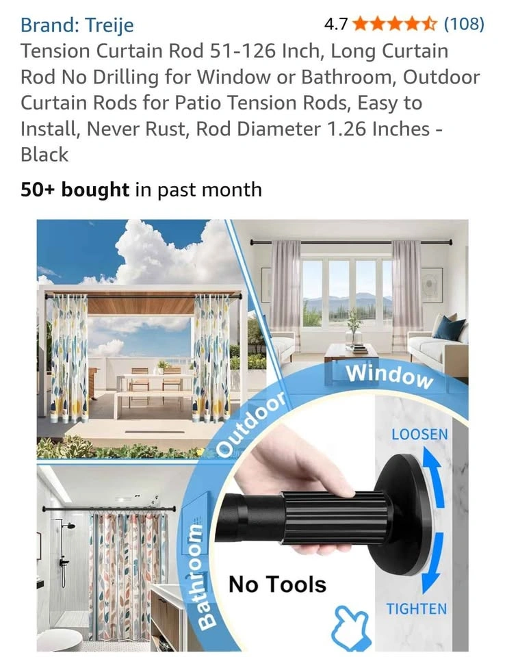 Treije Tension Curtain Rod 51-126 Inch - Black - photo 4