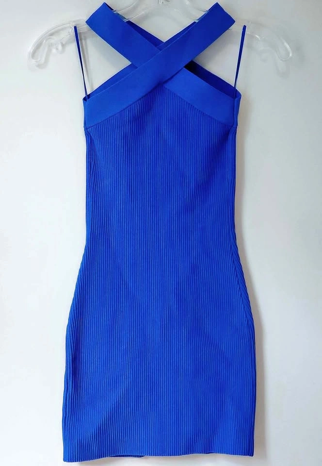 Blue Aritzia Babaton Contour Knit Criss Cross Halter Mini Dress