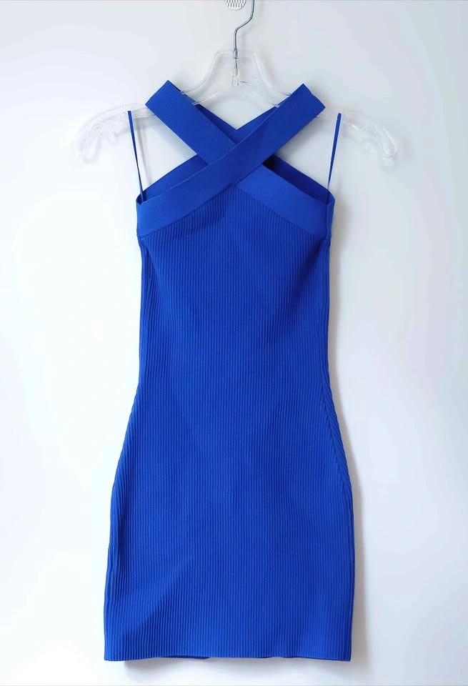 Blue Aritzia Babaton Contour Knit Criss Cross Halter Mini Dress - photo 2