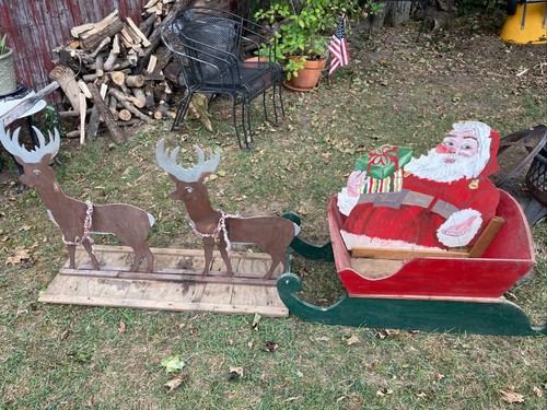 1940’s Santa W/2 Reindeer Handmade & Painted Wood Cutout