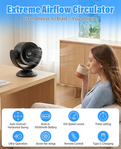 Desk Fan with Remote, 100 Speeds, 10000mAh Battery - photo 2
