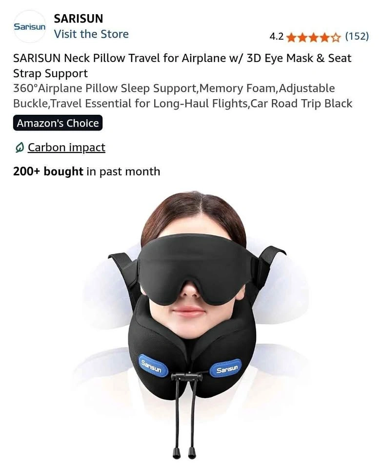 SARISUN Neck Pillow Travel Set with 3D Eye Mask