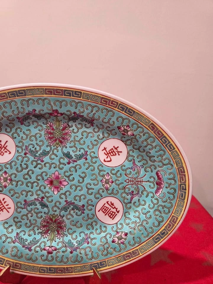 Vintage Jingdezhe Mun Shou Turquoise Famille Rose Oval Serving P - photo 4
