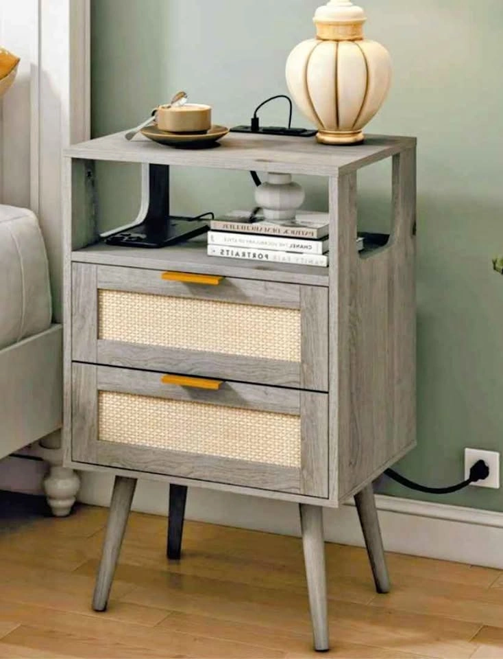 Bedside Table (Modern Grey Nightstand with Rattan Drawers)