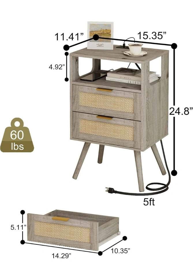 Bedside Table (Modern Grey Nightstand with Rattan Drawers) - photo 2