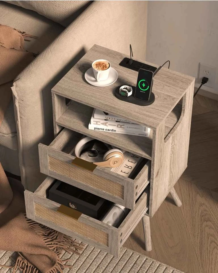 Bedside Table (Modern Grey Nightstand with Rattan Drawers) - photo 5