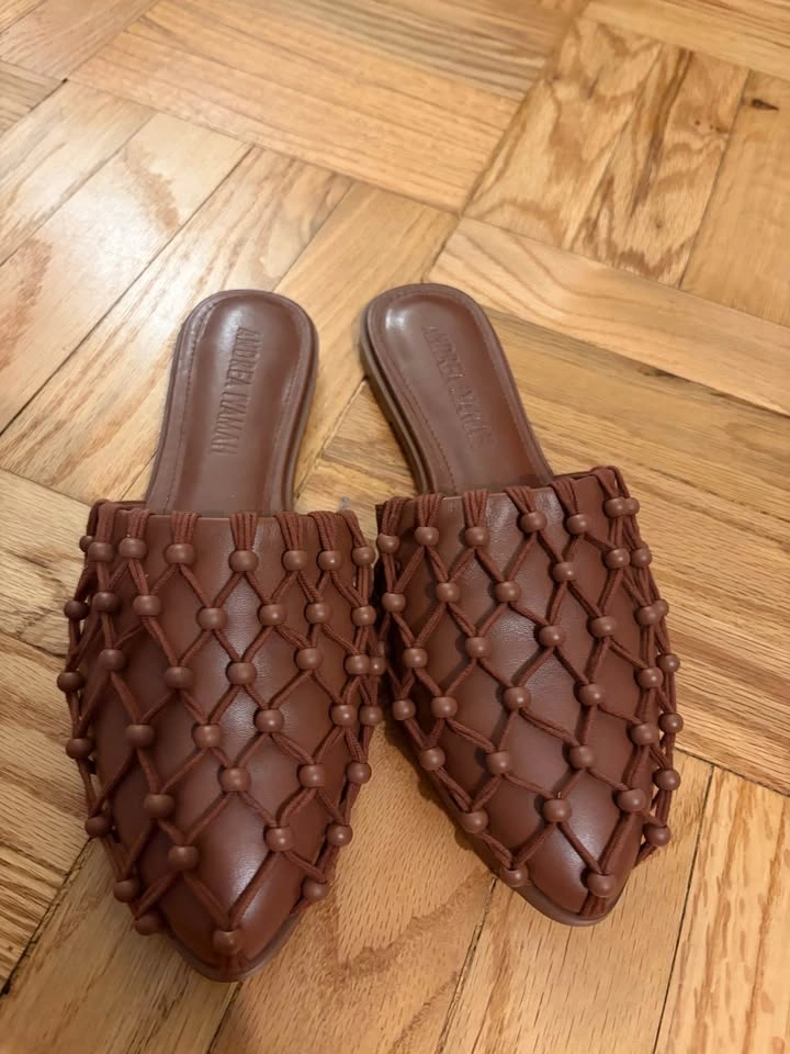 New Andrea Iyamah Brown Beaded Woven Mules Slip Ons