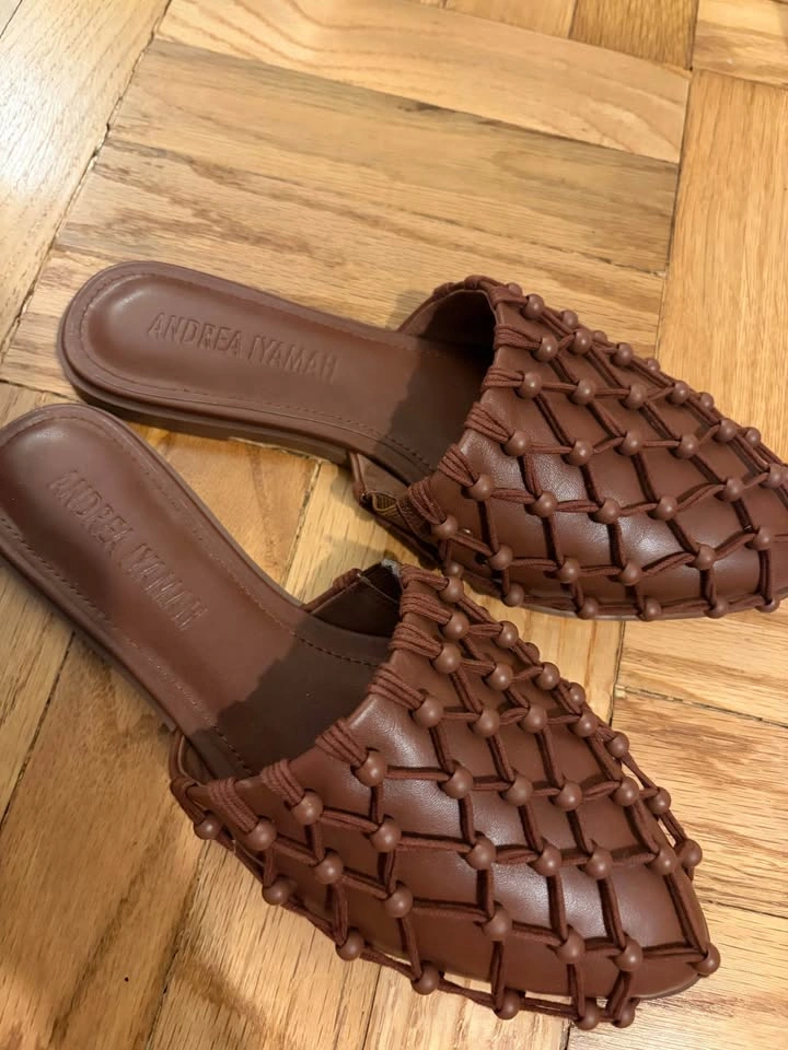 New Andrea Iyamah Brown Beaded Woven Mules Slip Ons - photo 4