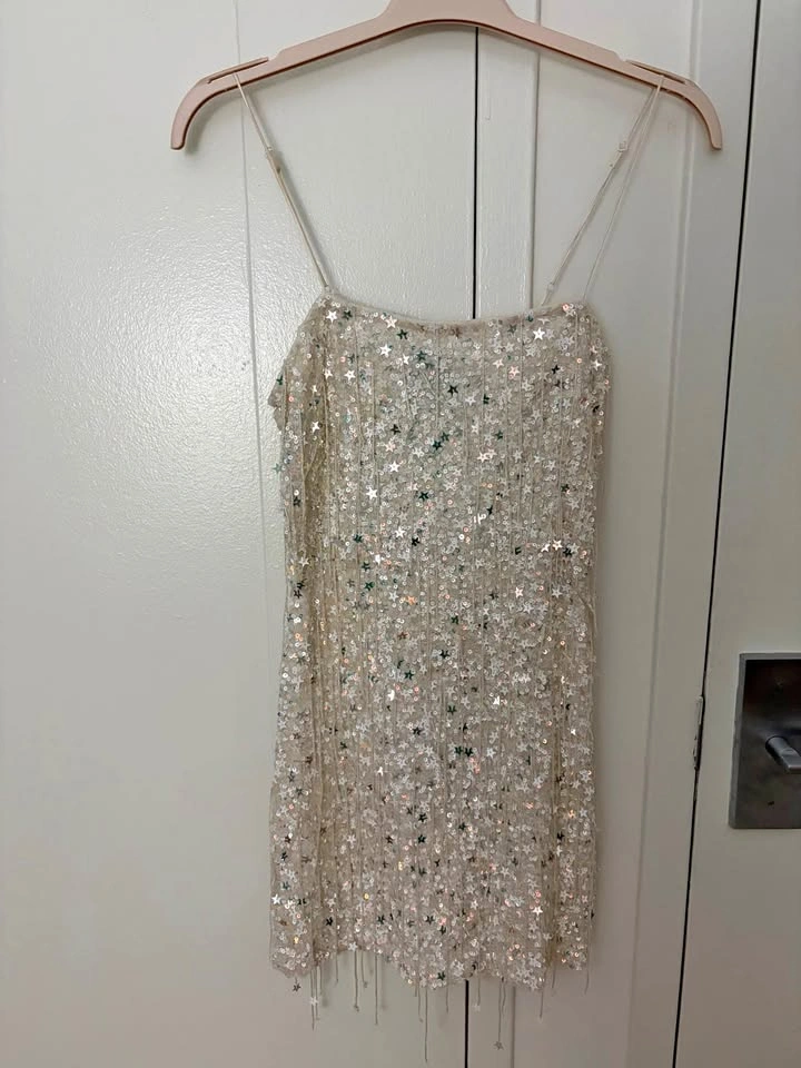 Retrofete Heather Sequin Star Fringe Dress White Size Small