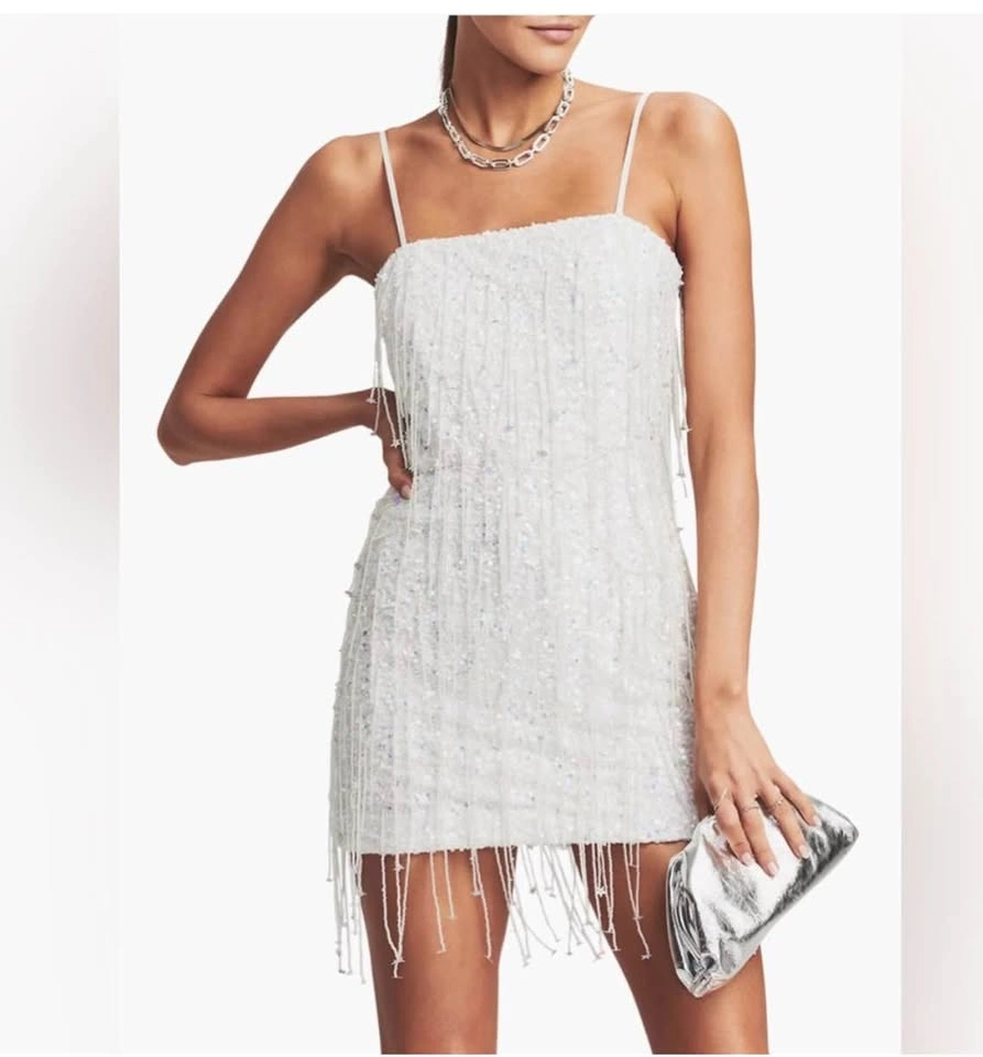 Retrofete Heather Sequin Star Fringe Dress White Size Small - photo 2