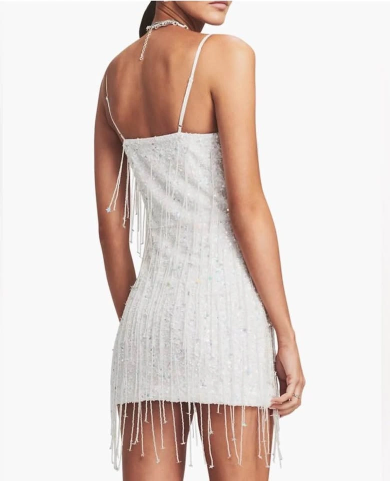Retrofete Heather Sequin Star Fringe Dress White Size Small - photo 4