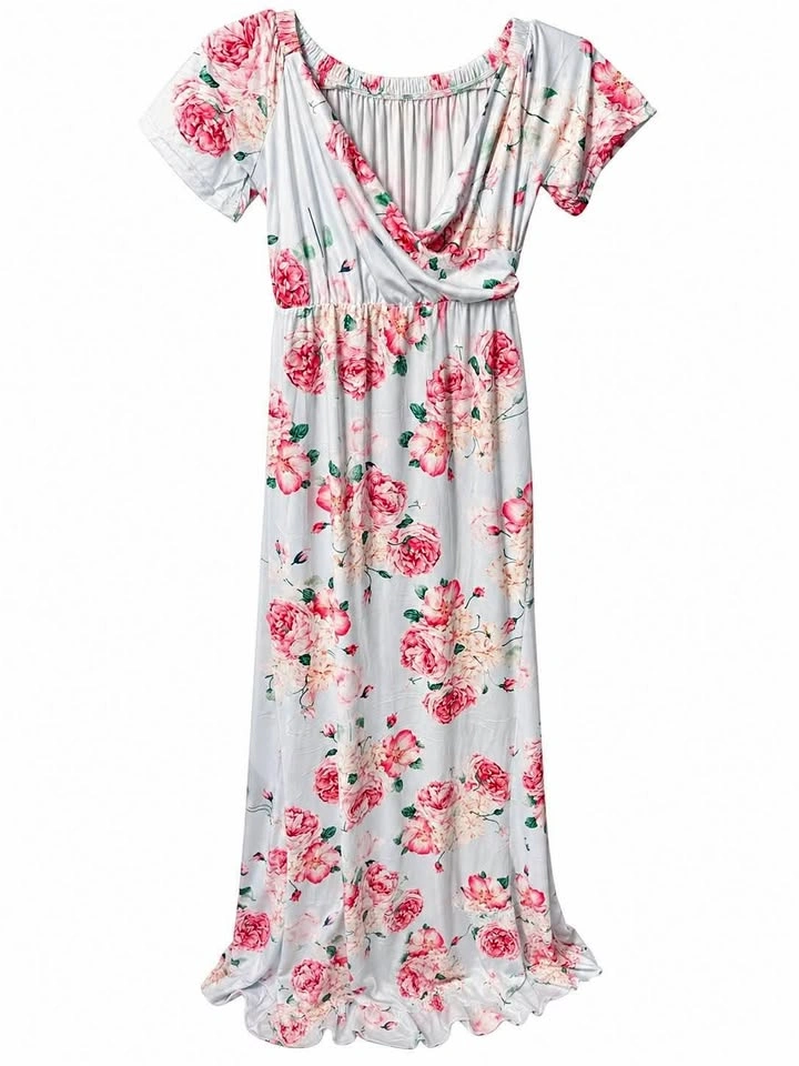 Floral Maxi Dress – Light Blue & Pink Roses – Size M