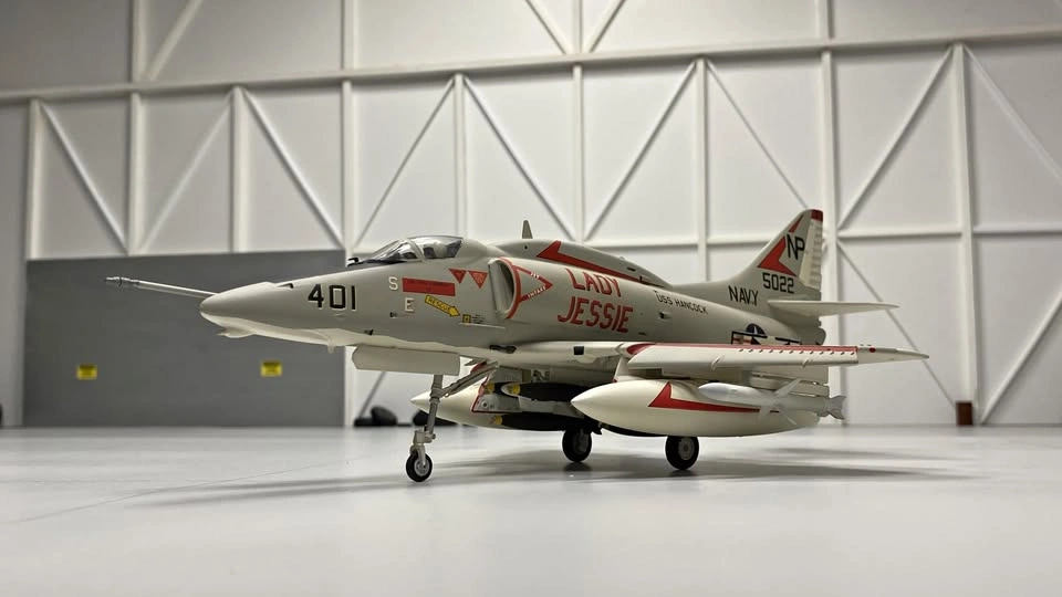 Completed 1/48th scale A-4F Skyhawk plastic model aircraft