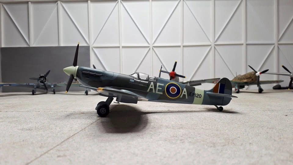 Completed 1/48th scale Spitfire Mk.V plastic model aircraft