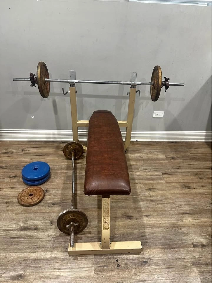Weight Bench with Barbell, Weights & Plates