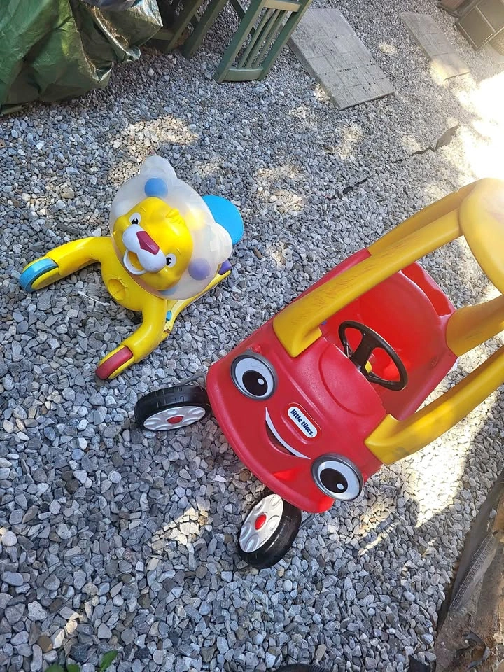 Little Tikes Cozy Coupe, Fisher-Price Lion, and Rocking Sheep