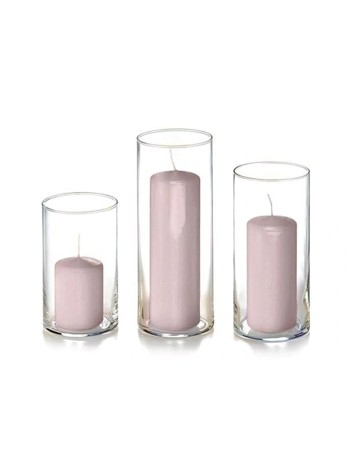 72 Pre-Lit Candles + Glass Cylinder Vases (Yummi - Hint of Mauve