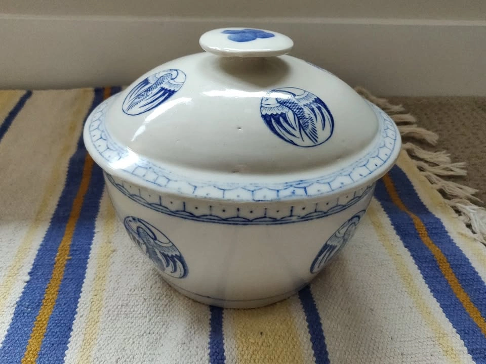 Vintage Asian Chinese Pottery Rice Serving Bowl - Blue Cranes - photo 3