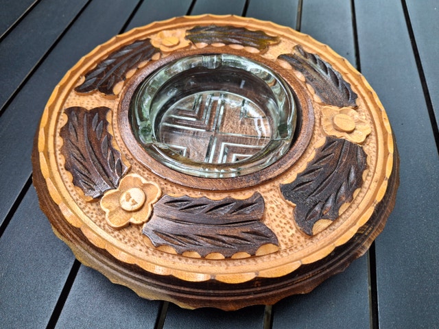 Vintage Hand-Carved Wooden Ashtray with Glass Insert