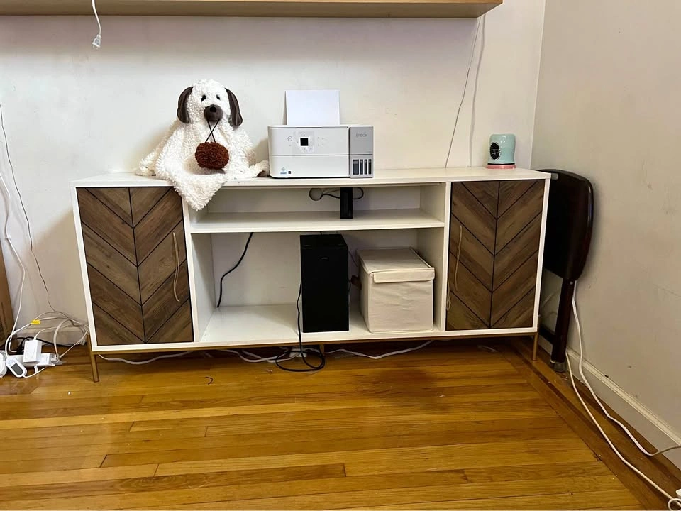 68” Modern TV Media Console – White, Wood & Gold