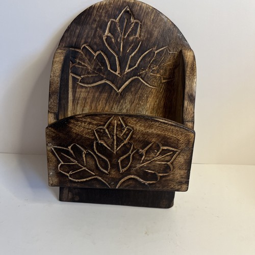 Vintage Carved Wood Wall Pocket Mail Holder Primitive Farmhouse