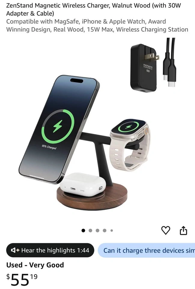 ZenStand Magnetic Wireless Charger, Walnut Wood - photo 2