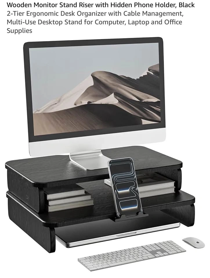 Wooden Monitor Stand Riser with Hidden Phone Holder (Black)