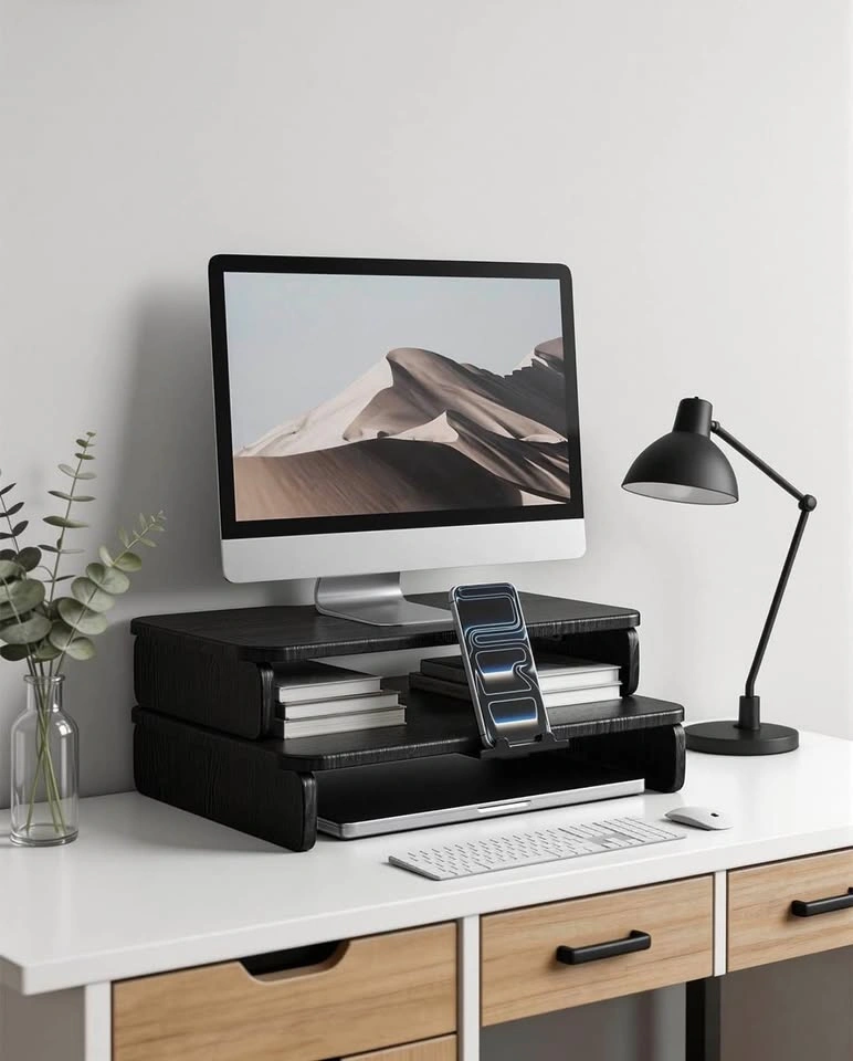 Wooden Monitor Stand Riser with Hidden Phone Holder (Black) - photo 2