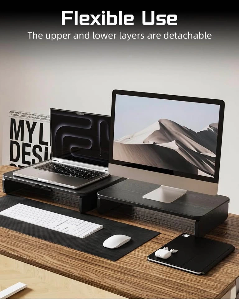 Wooden Monitor Stand Riser with Hidden Phone Holder (Black) - photo 4