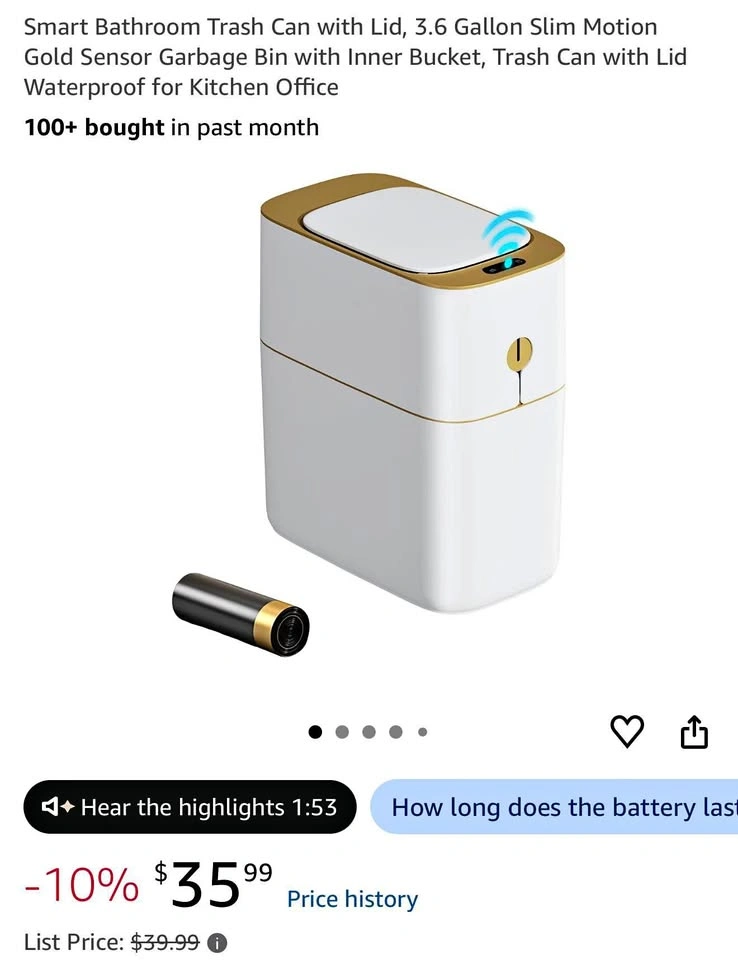 Smart Bathroom Trash Can with Lid, 3.6 Gallon Slim Motion Gold S