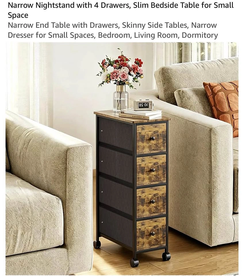 Narrow Nightstand with 4 Drawers, Slim Bedside Table