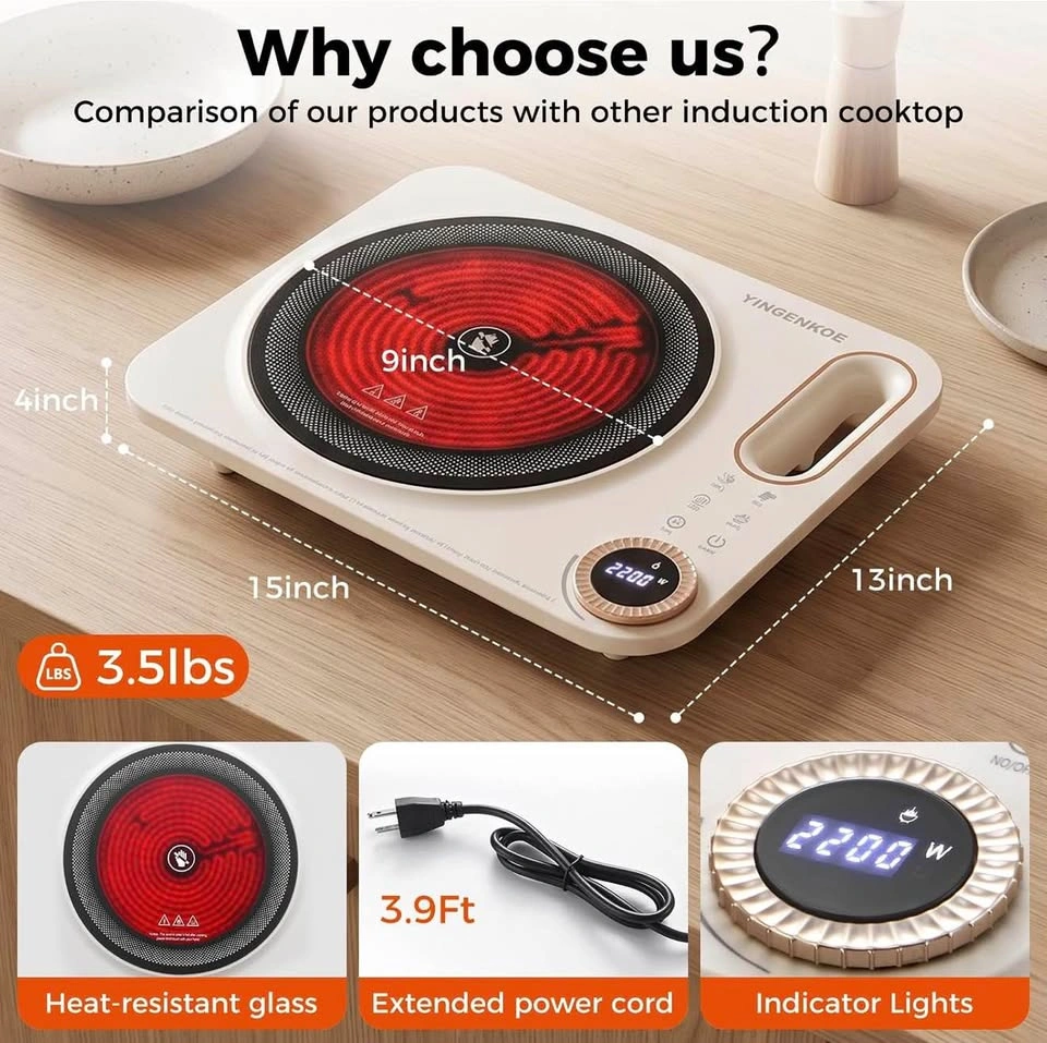 Electric Burner 2200W 110V-120V Hot Plate, Ceramic Glass Cooktop - photo 2