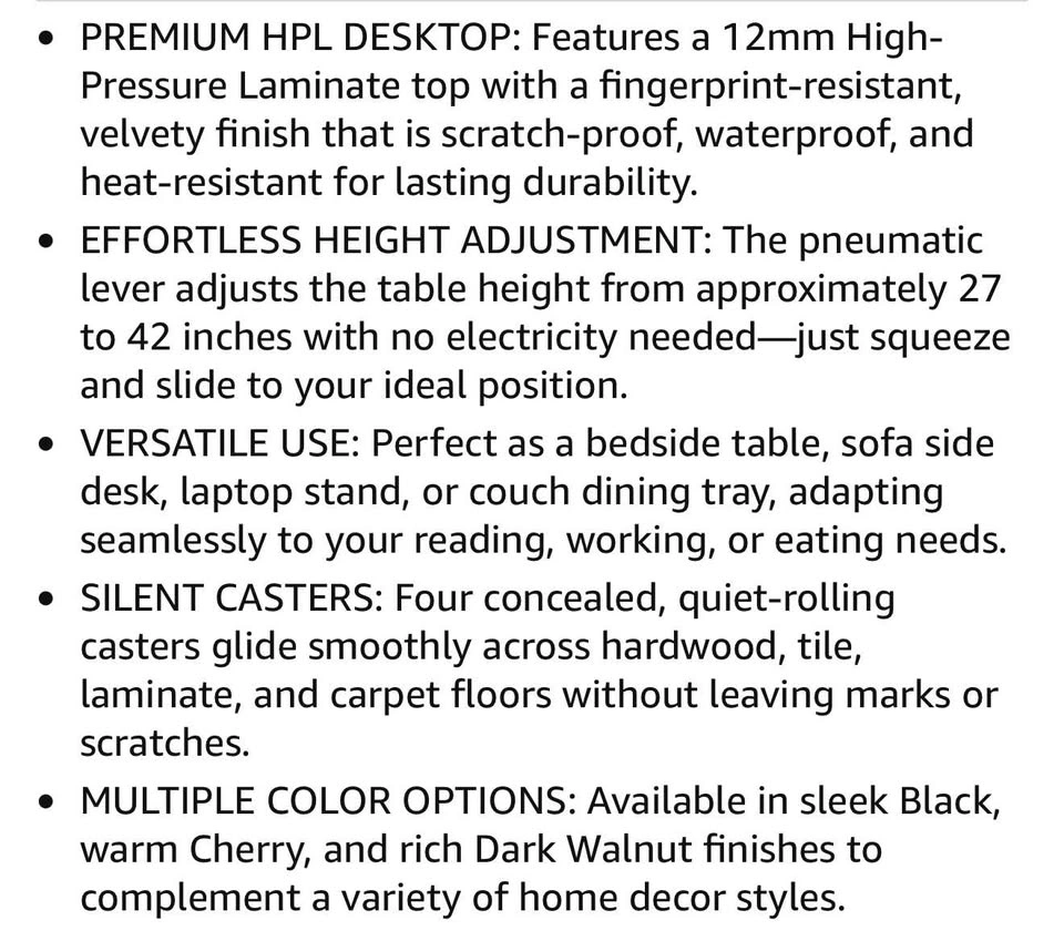 Pneumatic Overbed Table, Height Adjustable Mobile Desk (Black) - photo 3