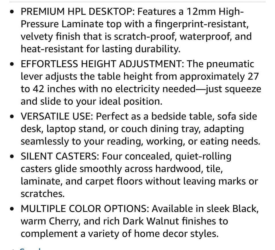 Pneumatic Overbed Table, Height Adjustable Mobile Desk (Walnut G - photo 2