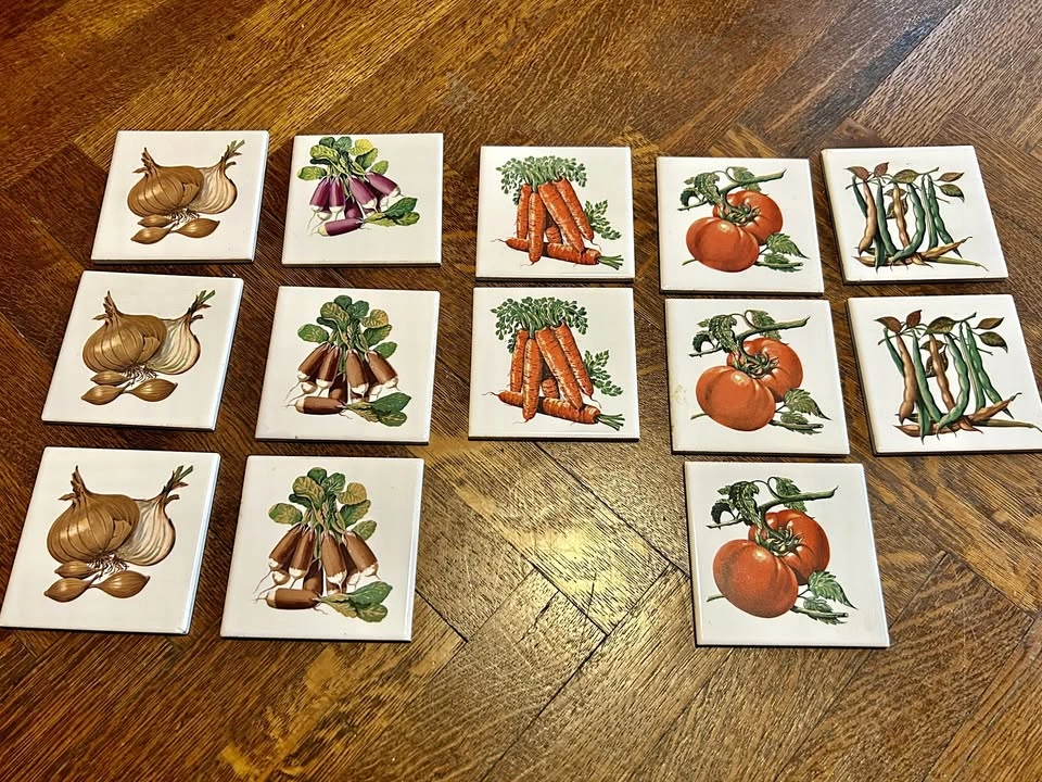 Vintage Gien France Botanical Vegetable Ceramic Tiles (Set of 13
