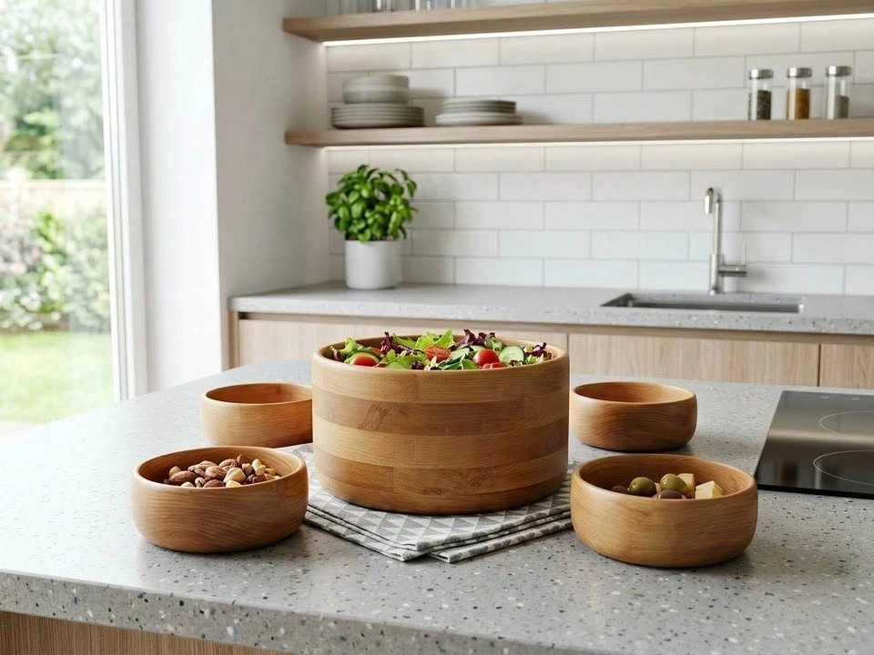 Vintage MCM 1960’s Baribocraft Canada Wooden Salad Bowl Set