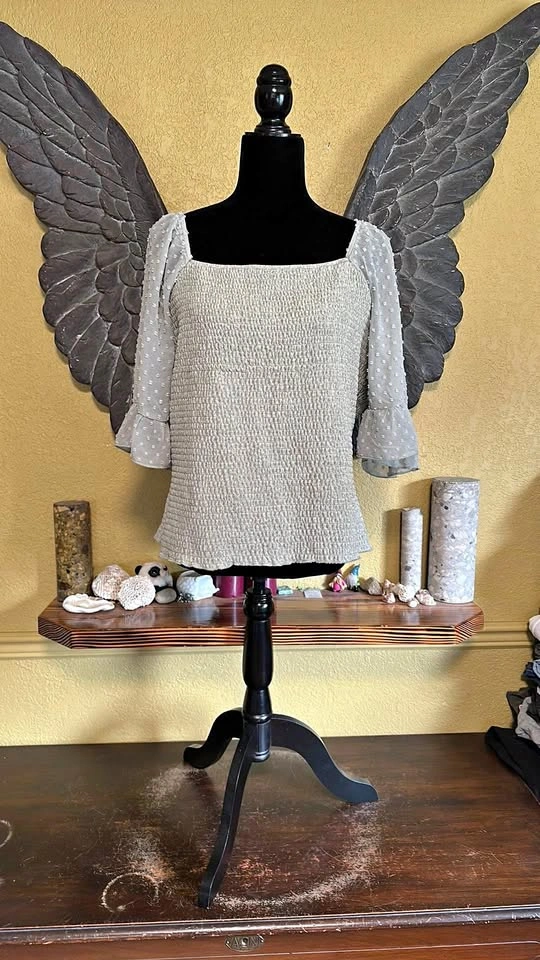 Siren Lily Gray Smocked Blouse with Sheer Sleeves