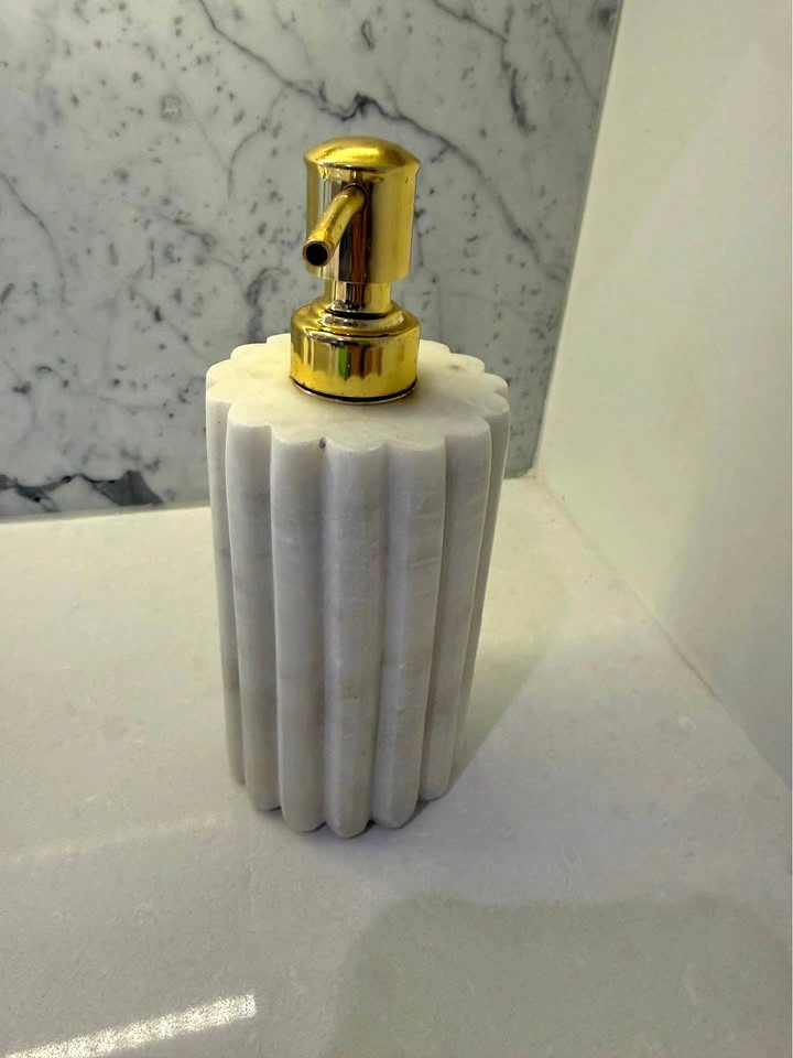 Elegant White Fluted Marble Soap Dispenser with Gold Pump