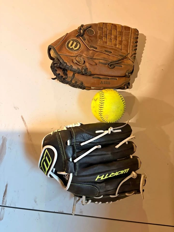 2 Softball/Baseball Gloves + Optic Yellow Softball Bundle