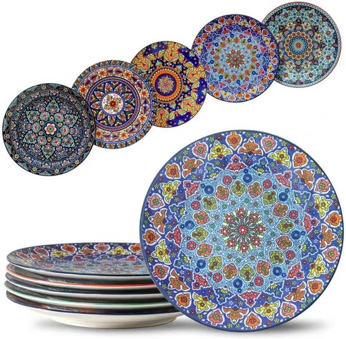 Colorful Bohemian Ceramic Dinner Plates Set of 6 - 10.5 Inch