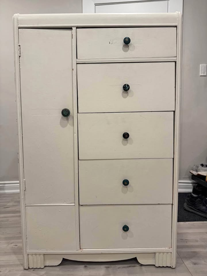 Cute 1950’s Vintage White Dresser with Mini-Wardrobe