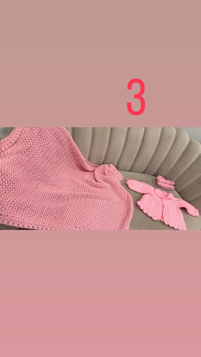 Hand-Knitted Pink Baby Blanket and Sweater Set