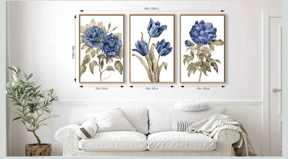 Wall Art Set (Blue Floral 3-Piece Framed Canvas) - photo 3
