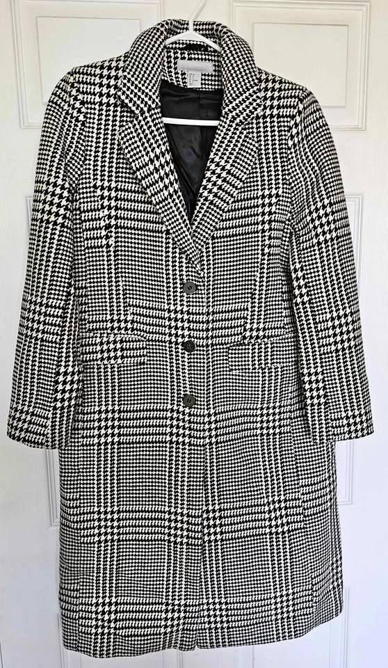 Brand New H&M Women's Houndstooth Wool Blend Long Coat - Size 8