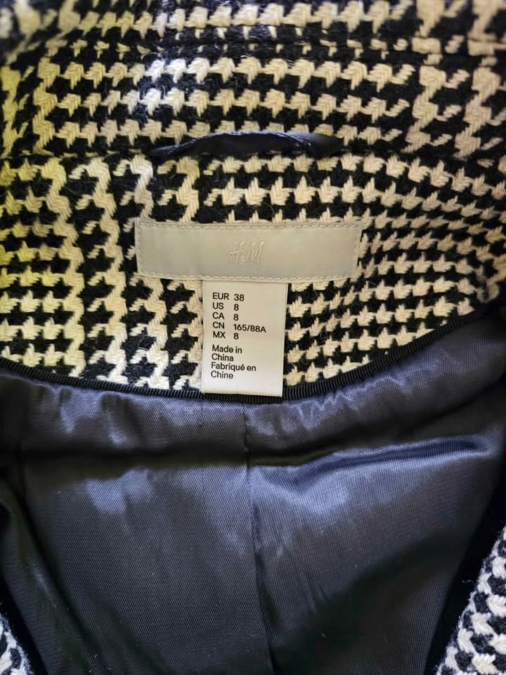 Brand New H&M Women's Houndstooth Wool Blend Long Coat - Size 8 - photo 2