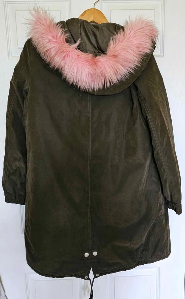 Forever 21 Women's Olive Green Parka Coat with Pink Faux Fur Hoo - photo 3