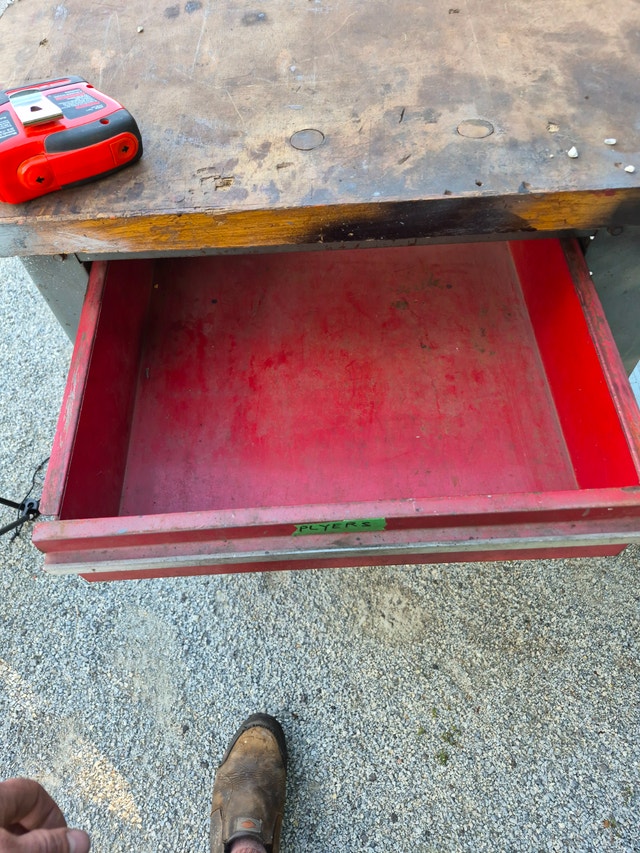 wood work table with red tool box, rolling - photo 5