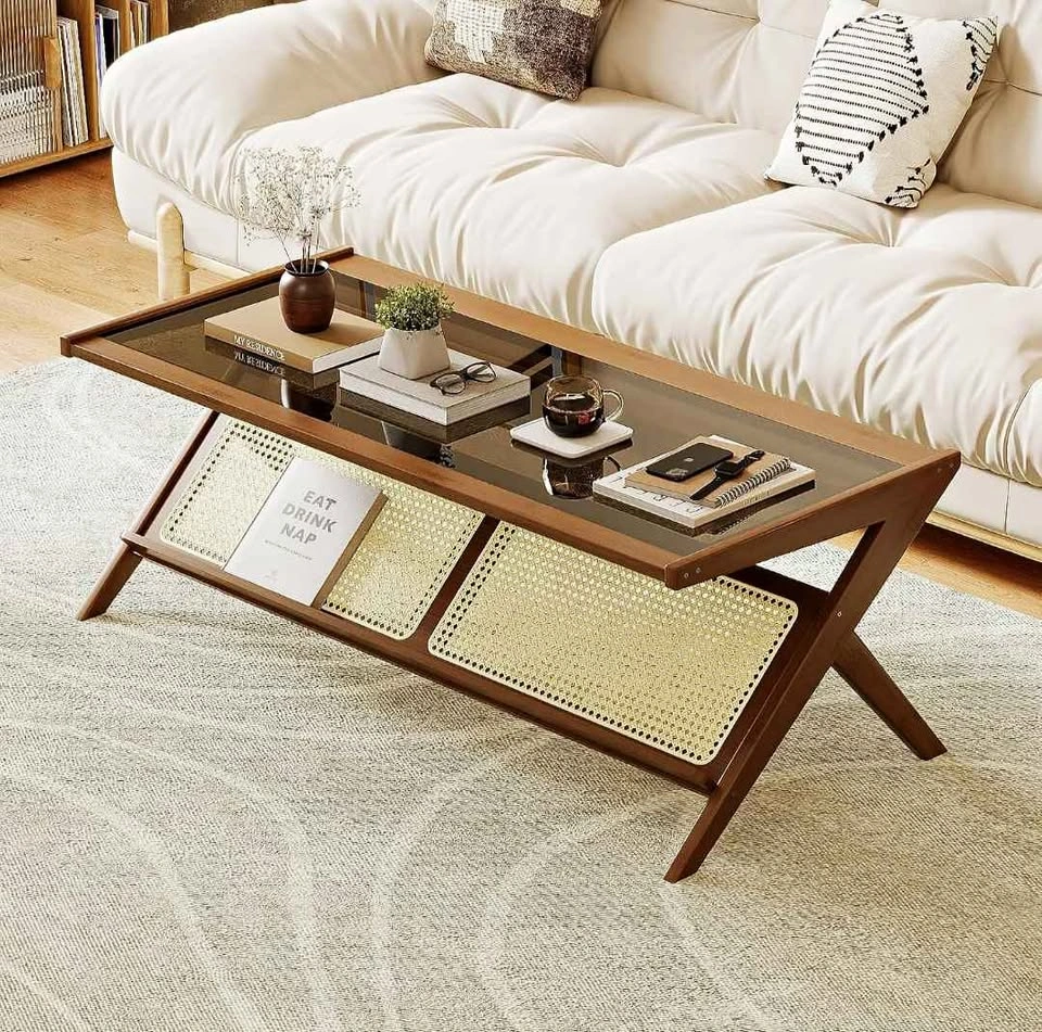 Coffee Table (with Glass Top and bamboo Rattan Magazine Shelf)