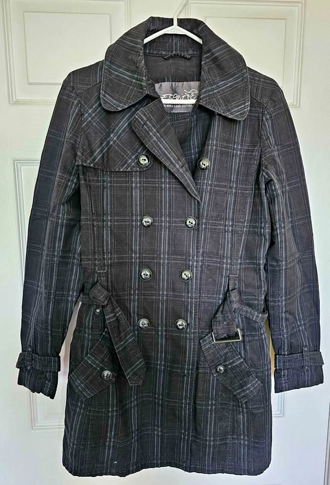 ESPRIT Women's Black Plaid Double-Breasted Cotton Trench Coat -