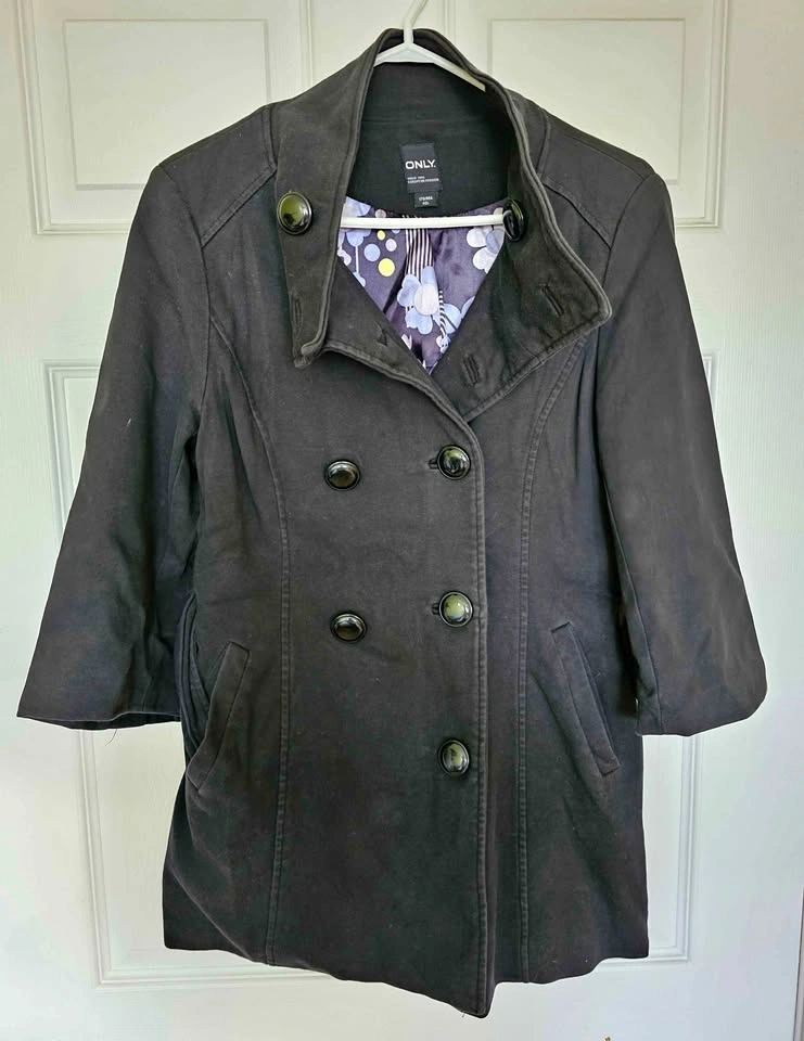 ONLY Women's Black Double-Breasted 3/4 Sleeve Coat - Size L